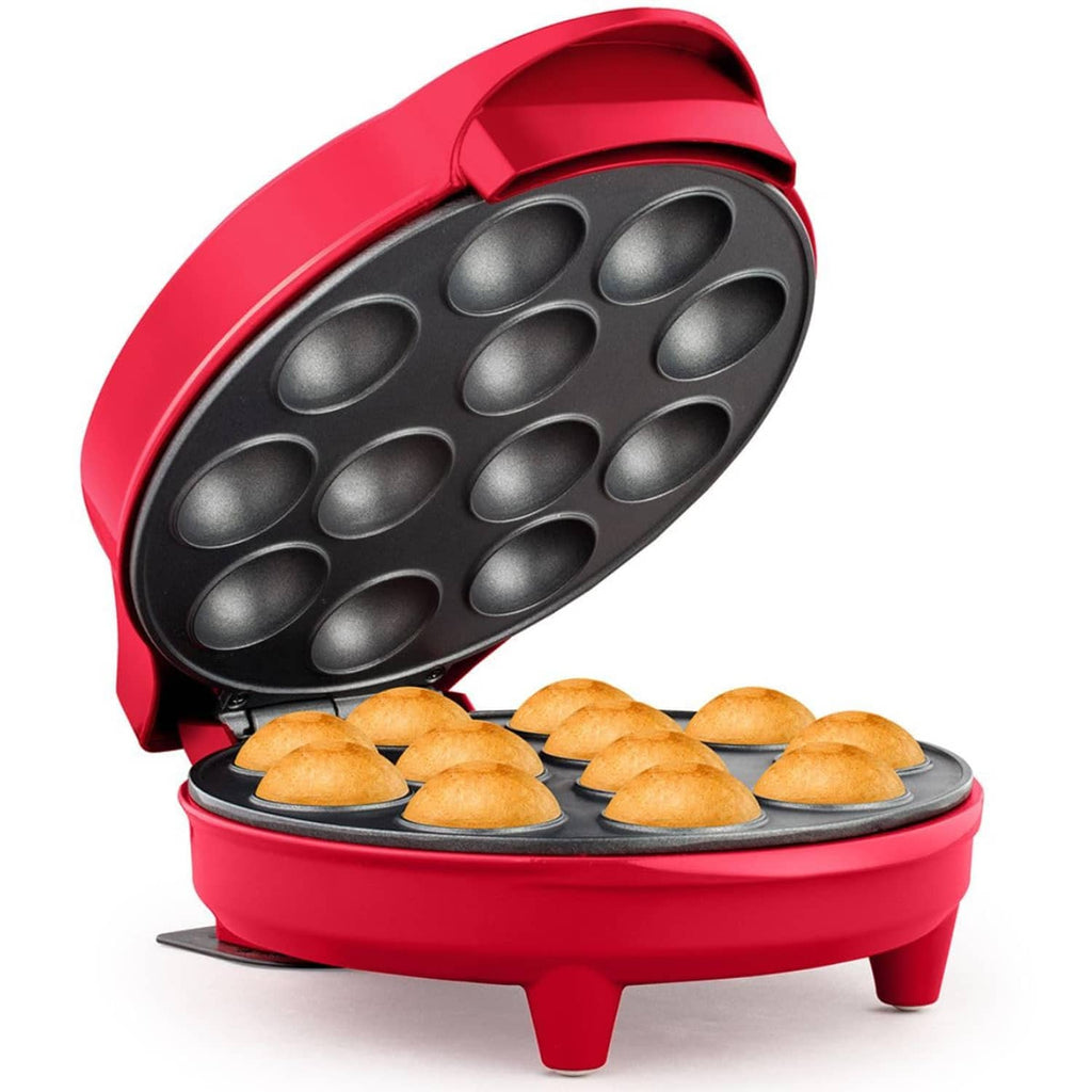 Red electric cake pop maker with top open, revealing 12 non-stick cavities and baked cake pops