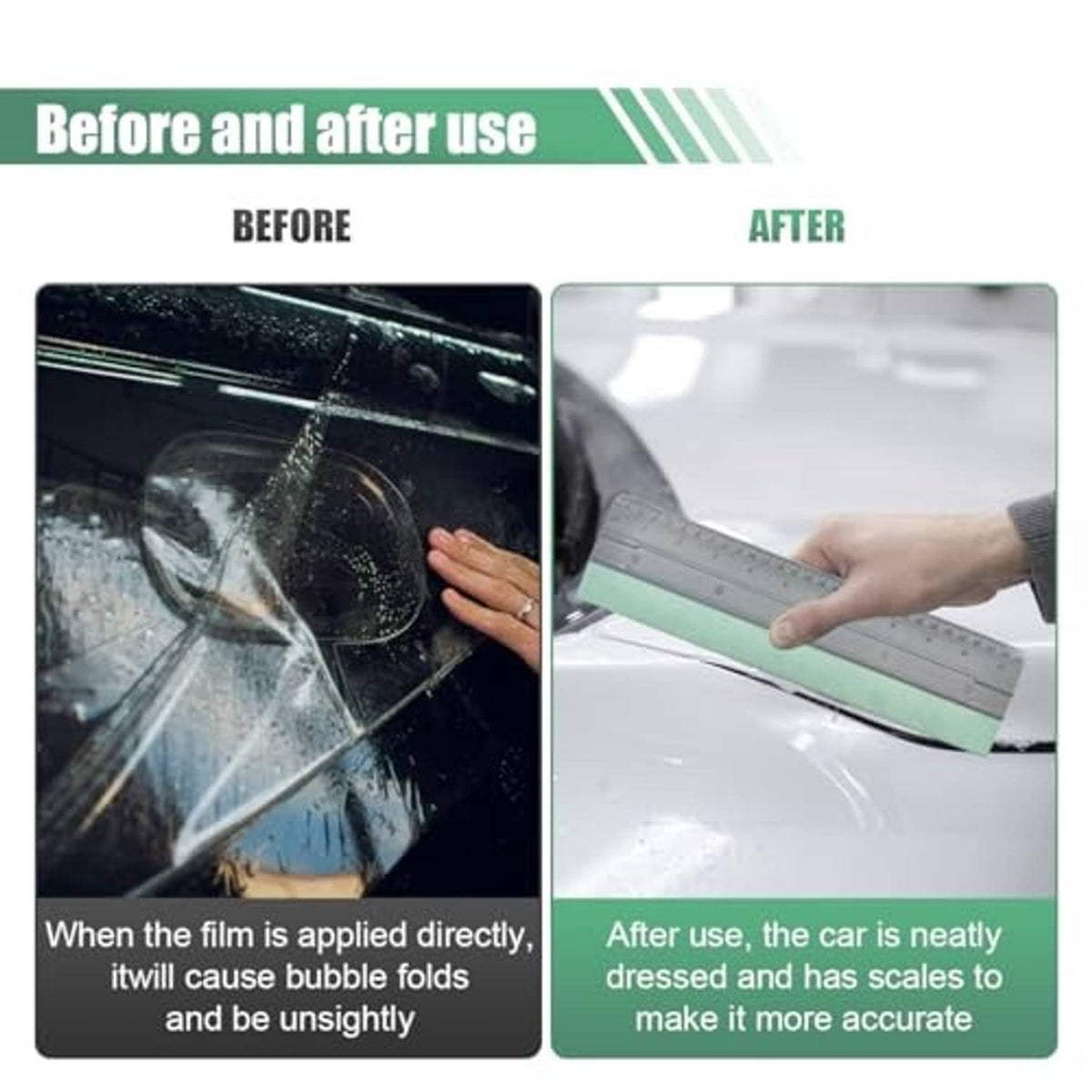 Vinyl wrap squeegee with mint felt edge used by hand on vehicle film