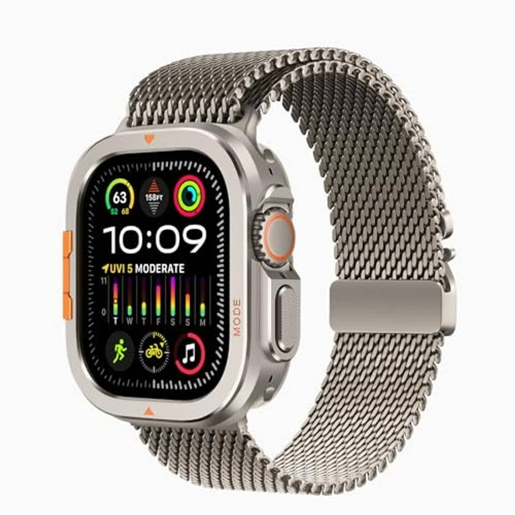 Natural titanium metal watch case on Apple Watch Ultra 49mm with braided mesh band