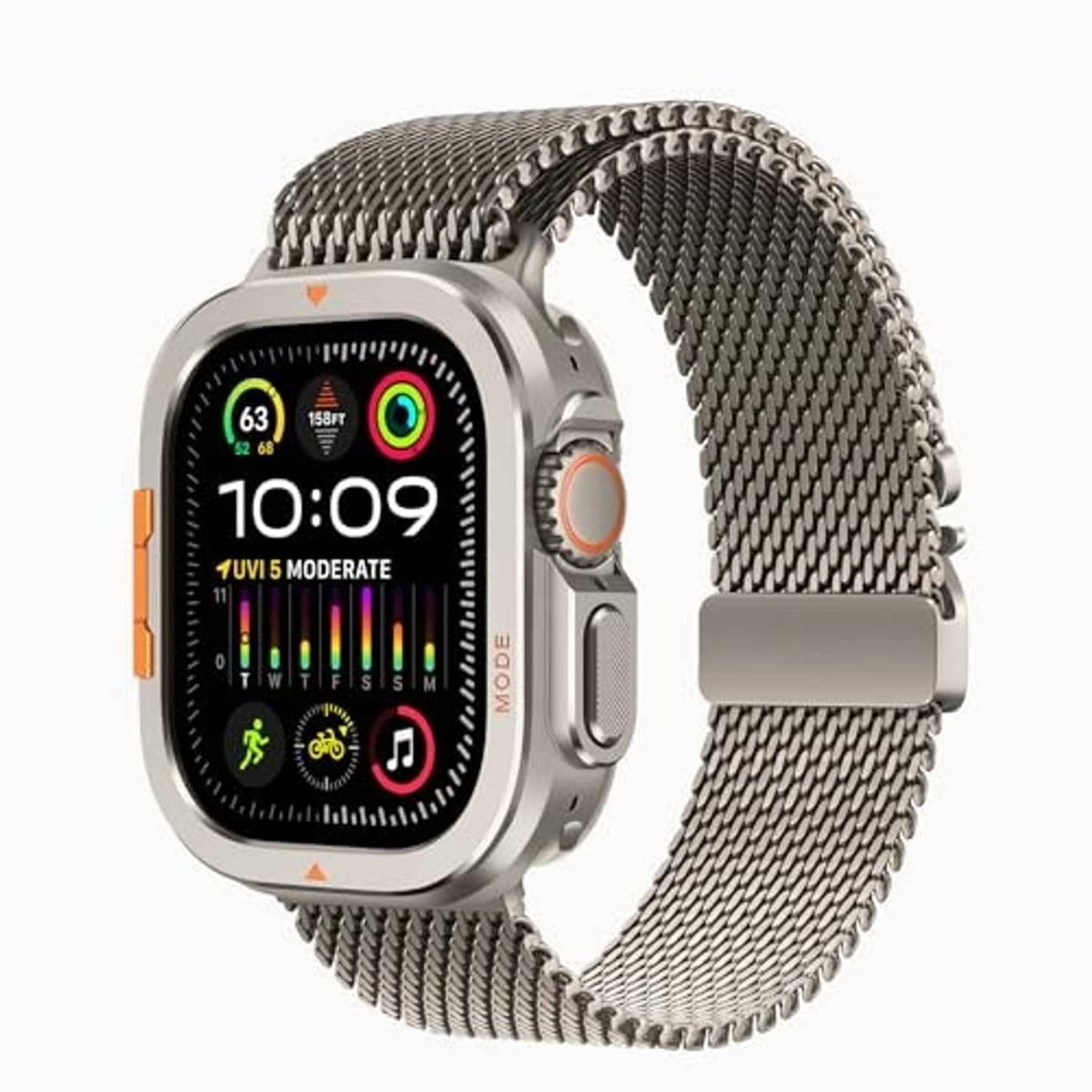 Natural titanium metal watch case on Apple Watch Ultra 49mm with braided mesh band