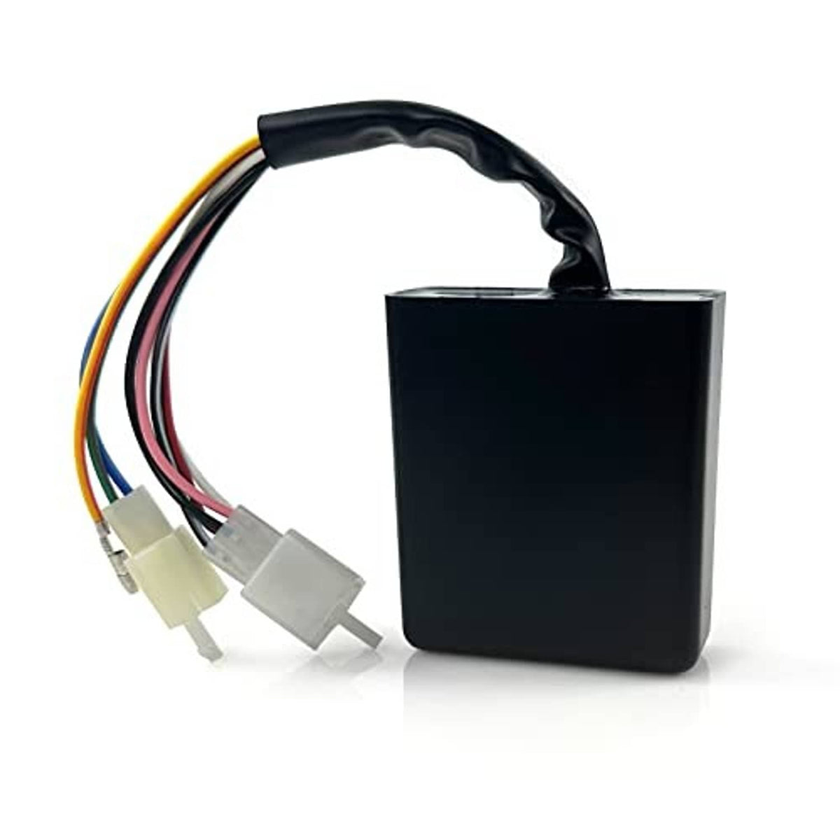 CDI igniter box with black casing and colored wire leads with white connector plugs