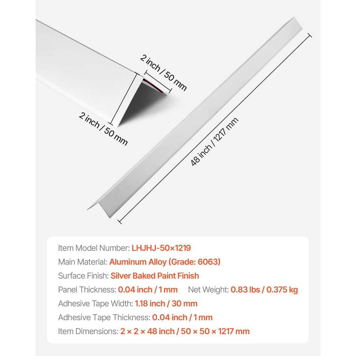 Silver aluminum corner guard strip with 2x2in and 48in length dimensions
