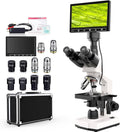 White trinocular compound microscope with LCD screen and multiple objective lenses