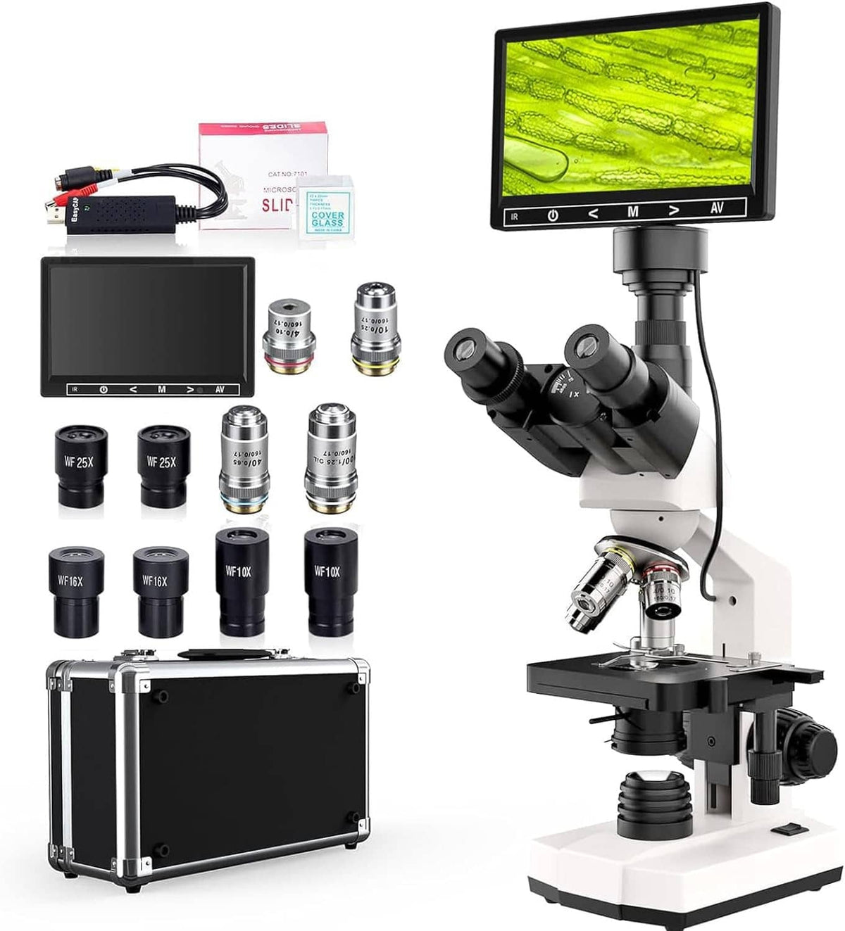 White trinocular compound microscope with LCD screen and multiple objective lenses