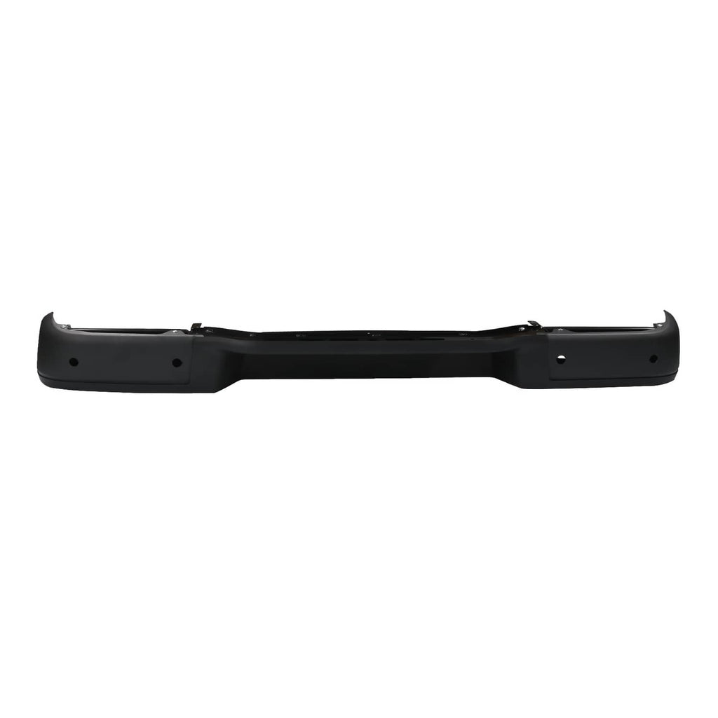 Black rear bumper reinforcement bar with side end caps and mounting holes