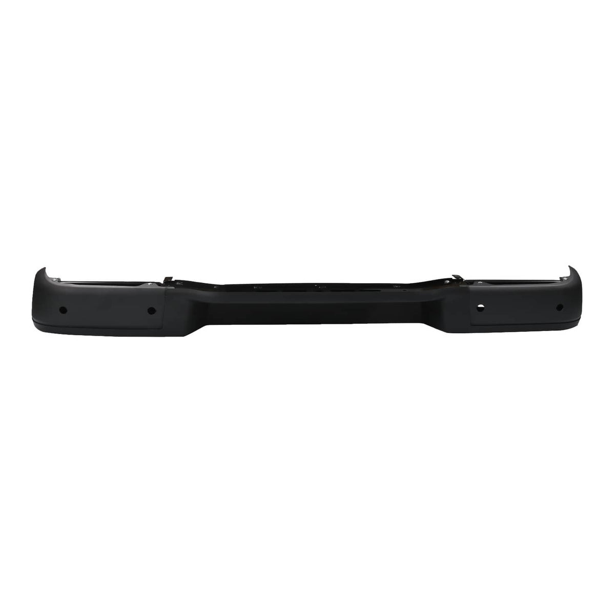 Black rear bumper reinforcement bar with side end caps and mounting holes