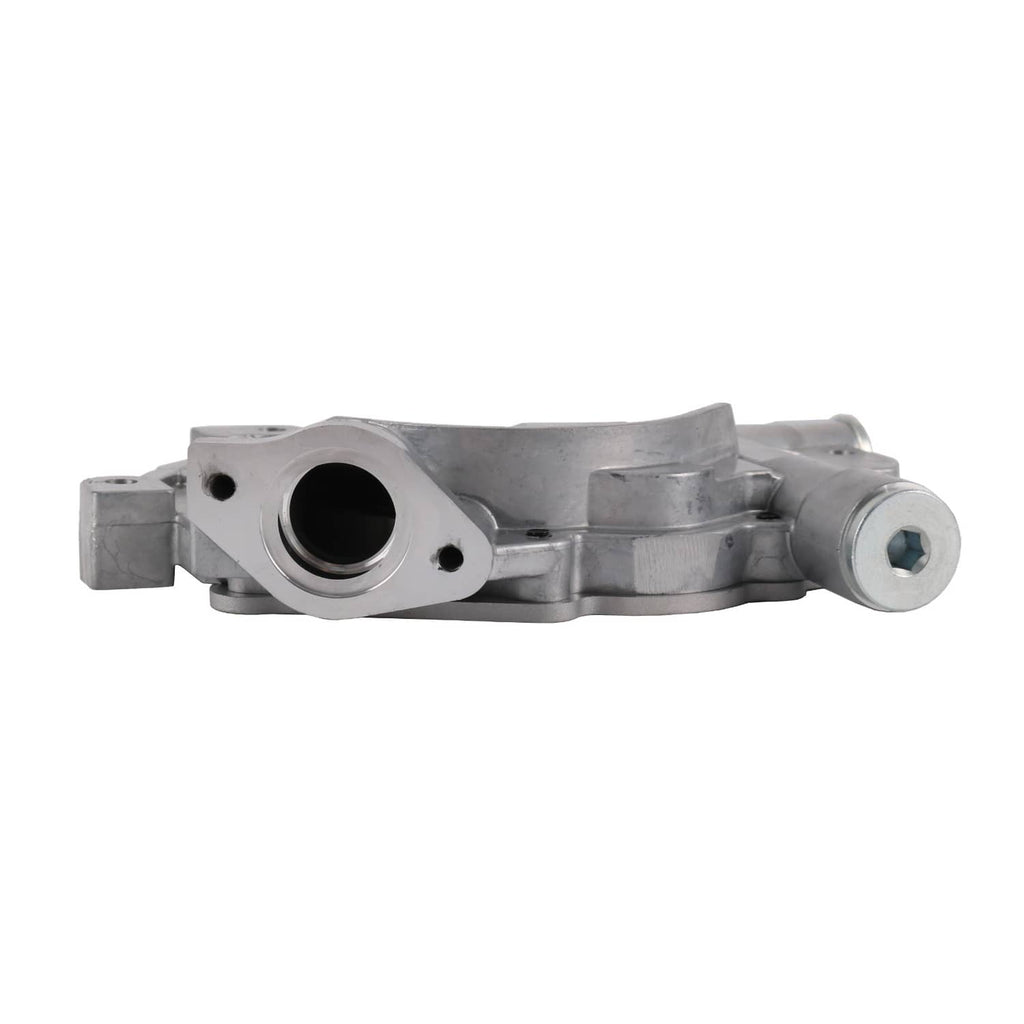 Oil pump housing with outlet tube and round port opening, silver metal body