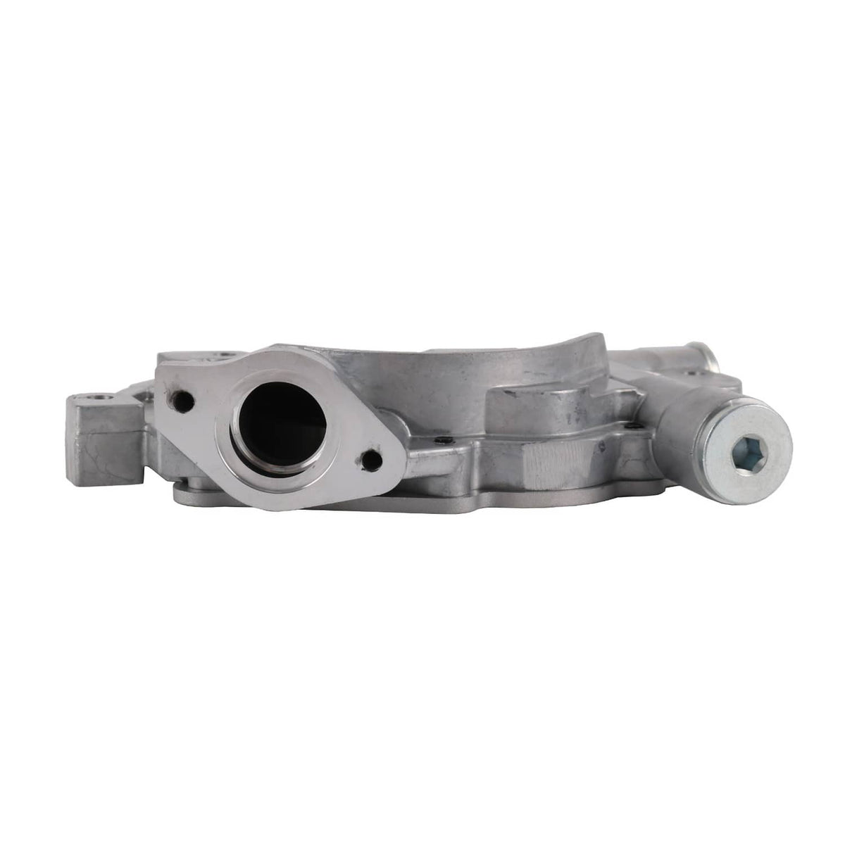 Oil pump housing with outlet tube and round port opening, silver metal body