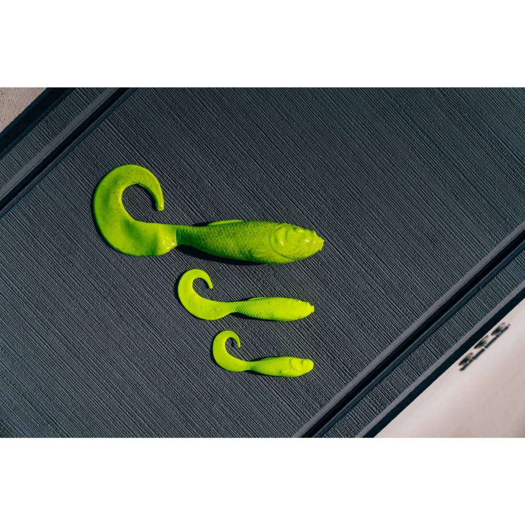 Soft fishing bait, bright chartreuse green curled worm lure