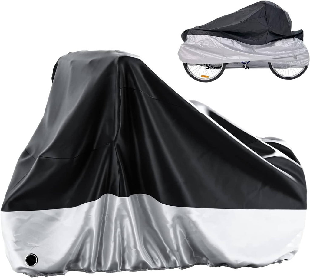 Black and silver tricycle cover for three-wheeled bikes with elastic bottom