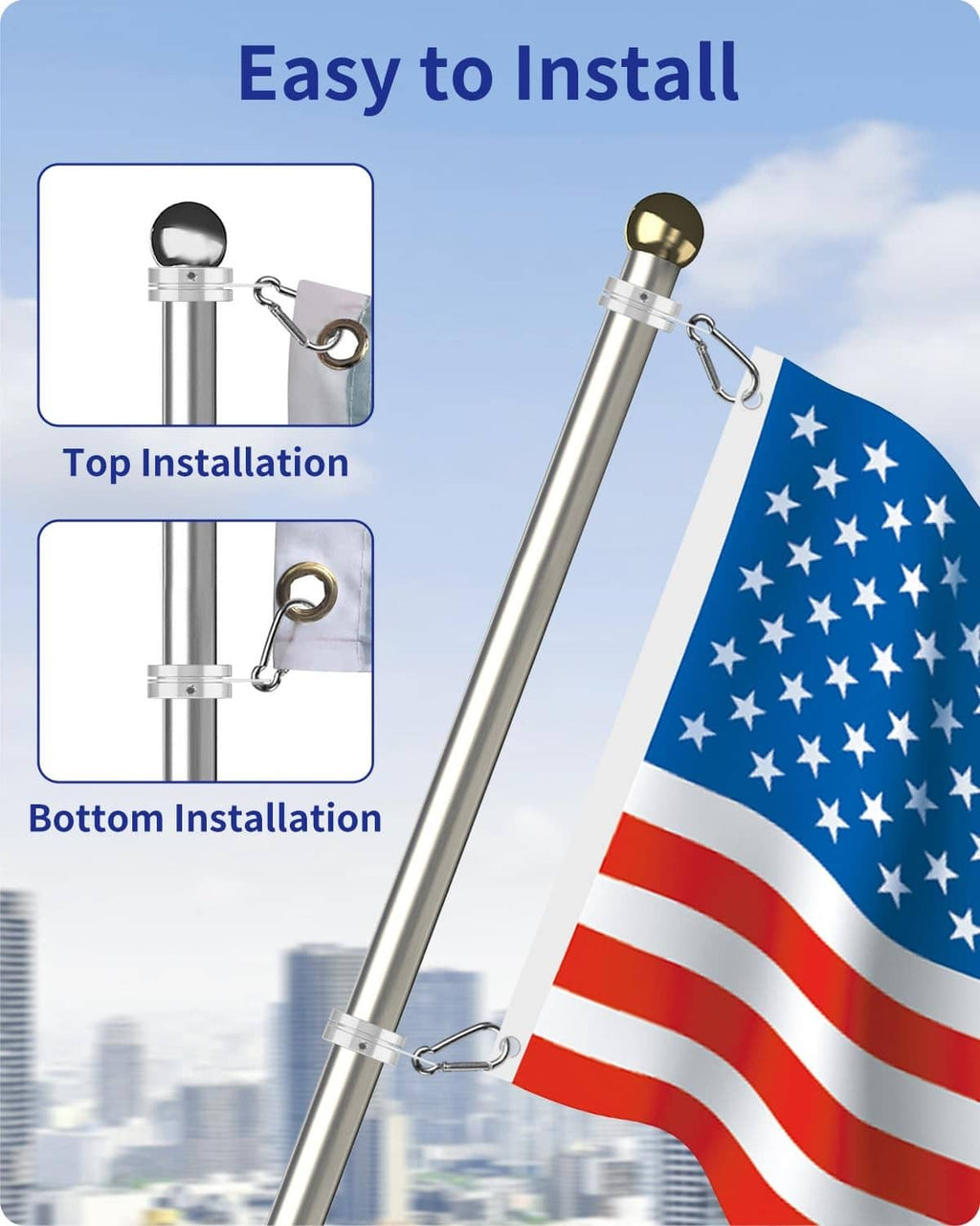 Flag pole ring with carabiner hook, easy top and bottom installation