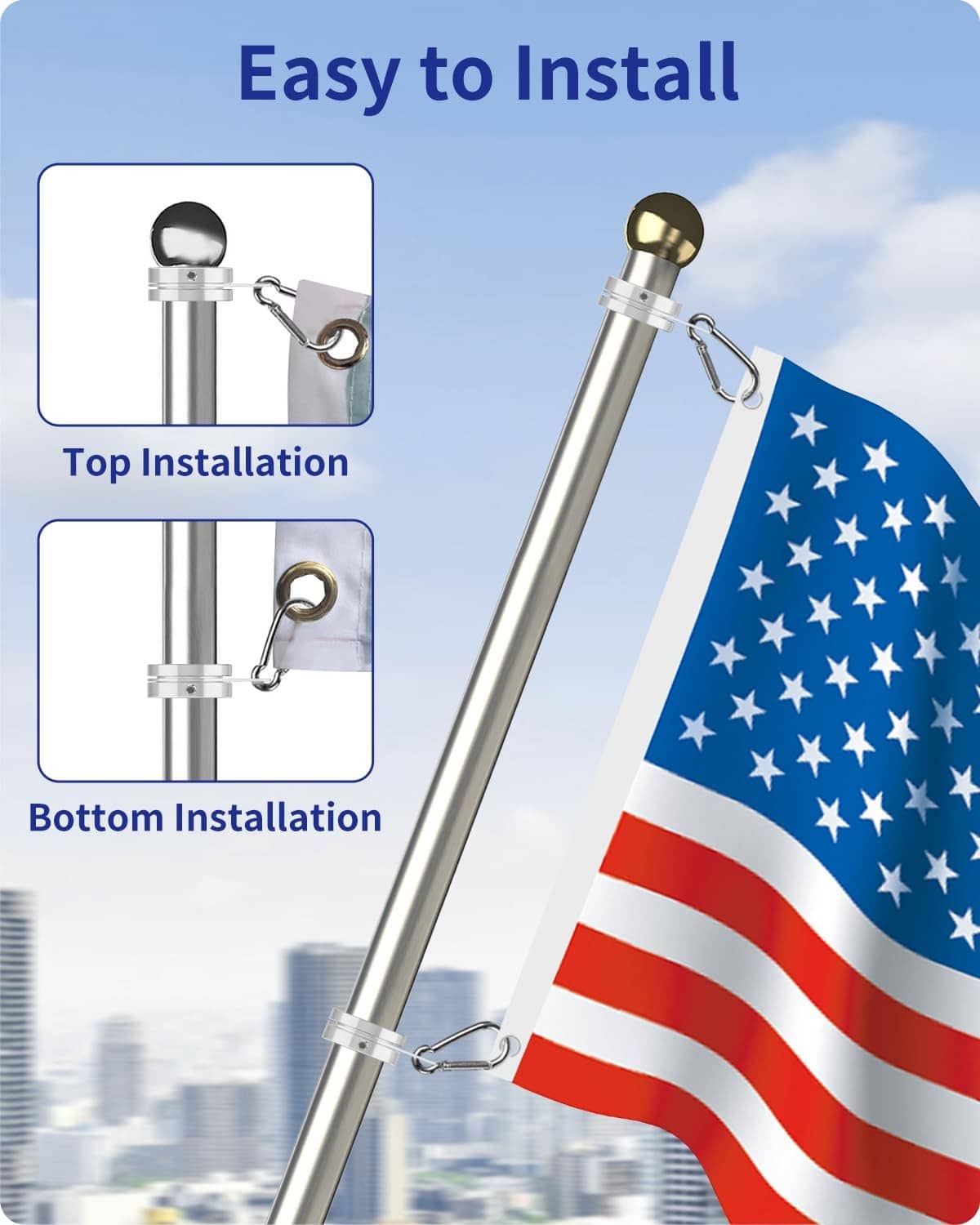 Flag pole ring with carabiner hook, easy top and bottom installation