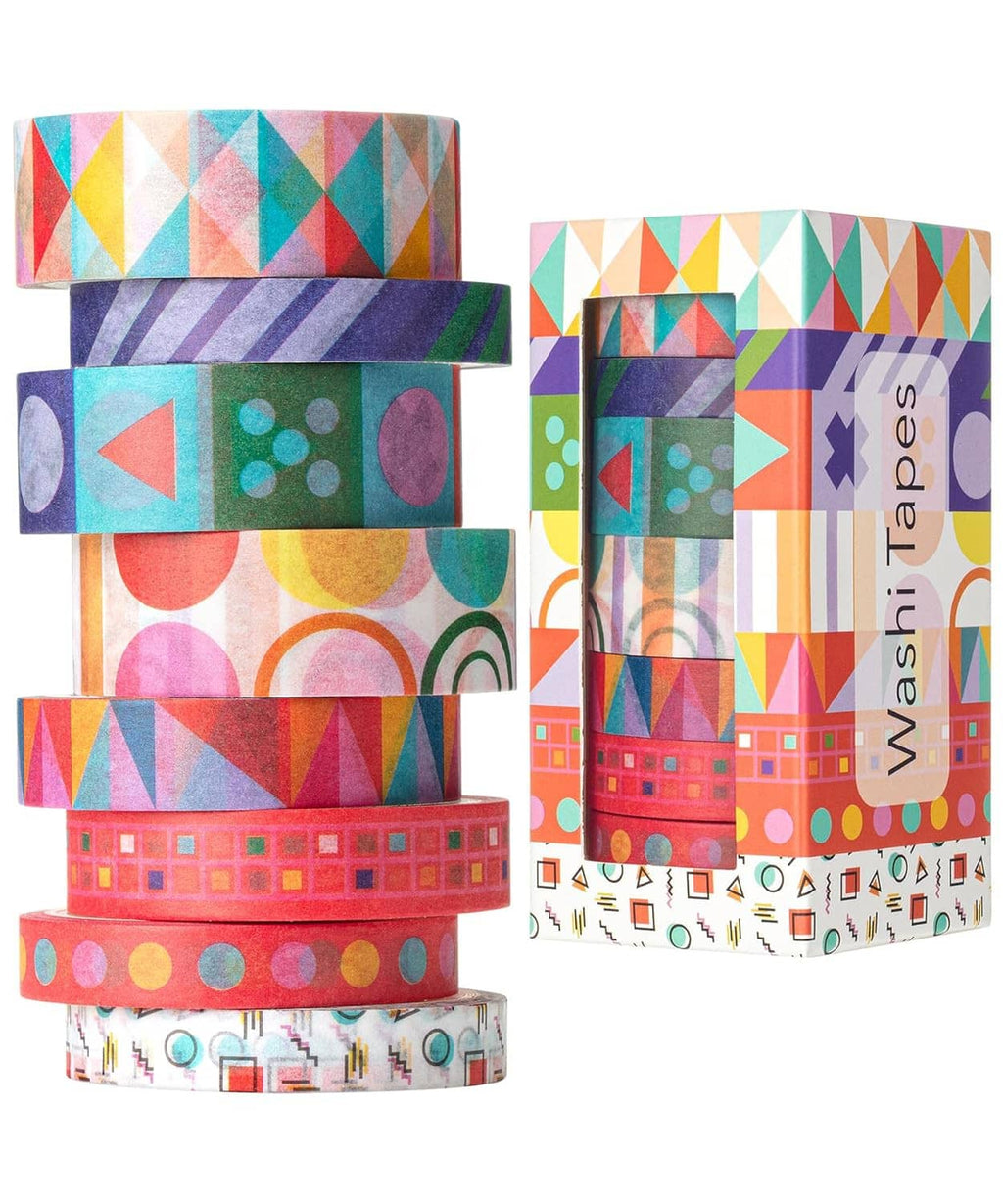 Assorted washi tape set with multicolor geometric pattern rolls, 8 tapes total