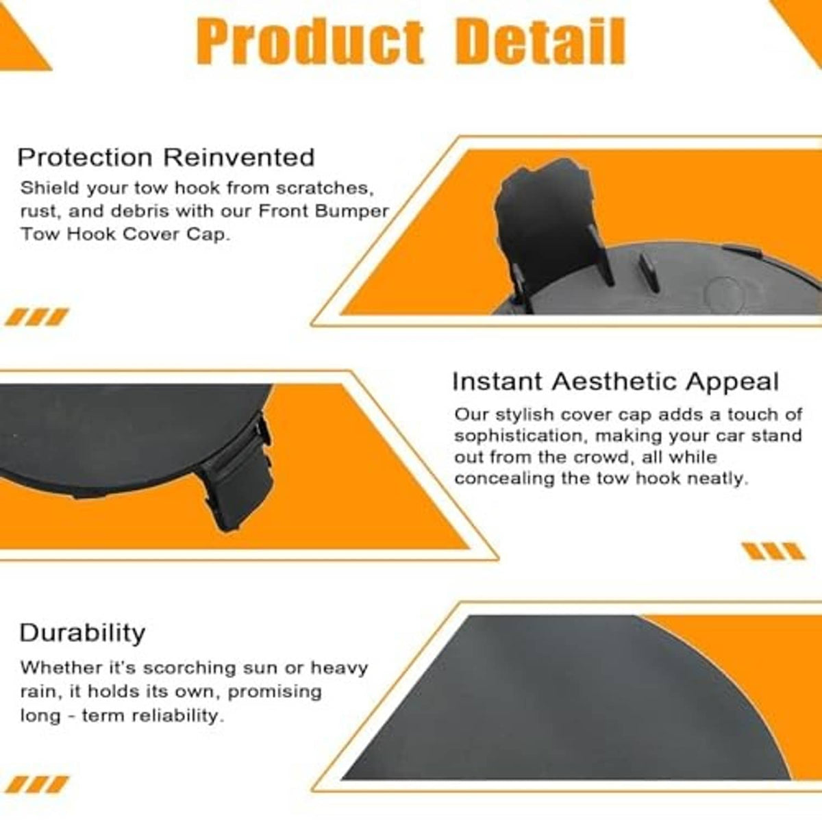 Front bumper tow hook cover cap with rounded face and side mounting tab