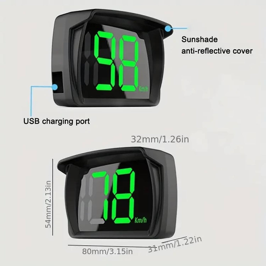 Black HUD speed display with anti-reflective cover and USB charging port, green digits