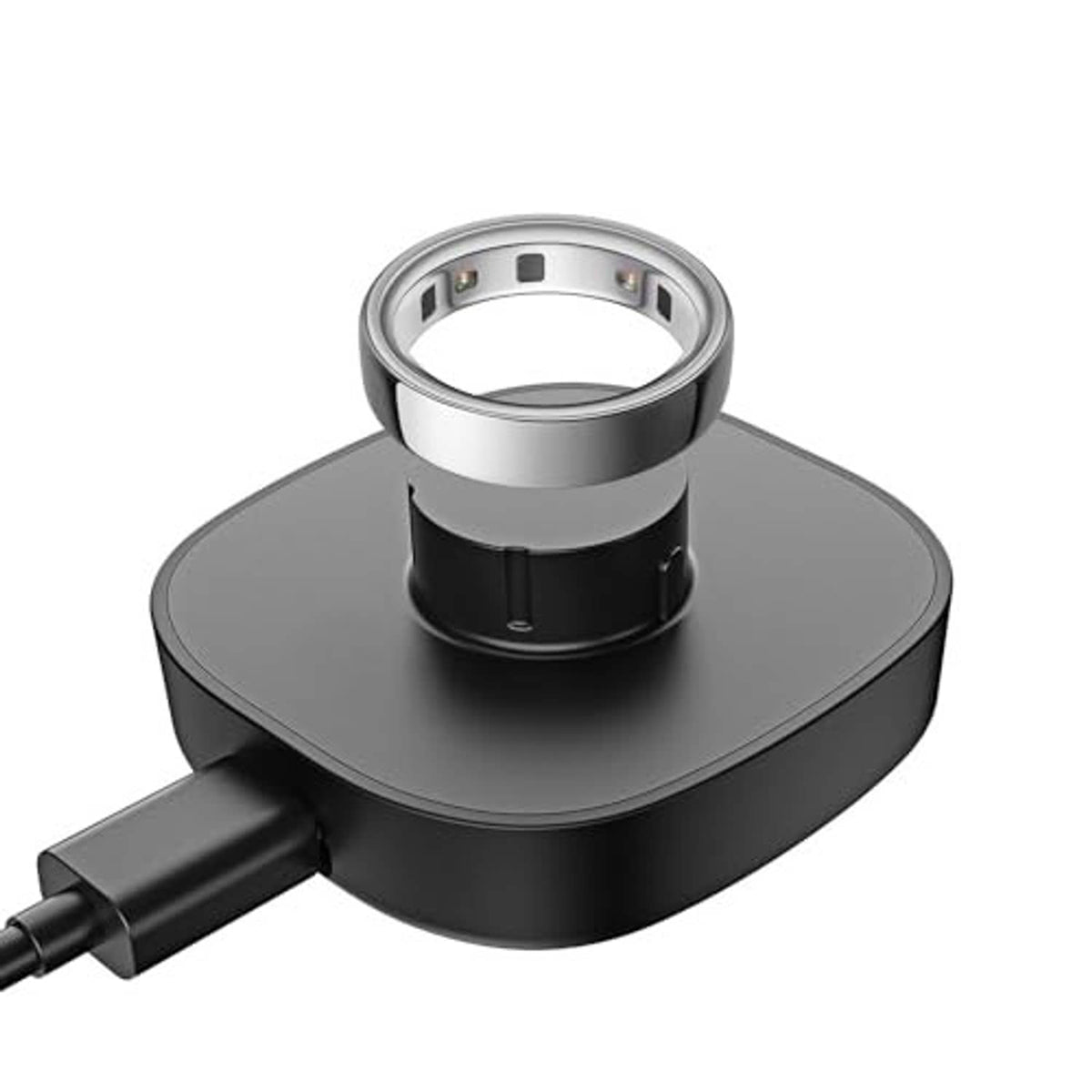 Black smart ring charging dock with metal cradle opening and USB cable