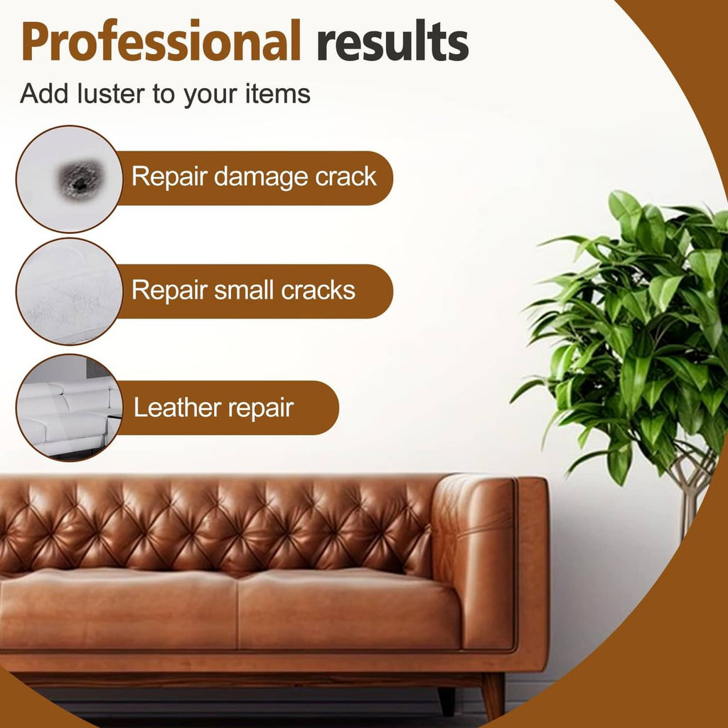 Brown leather couch with repaired damage showing improved surface finish