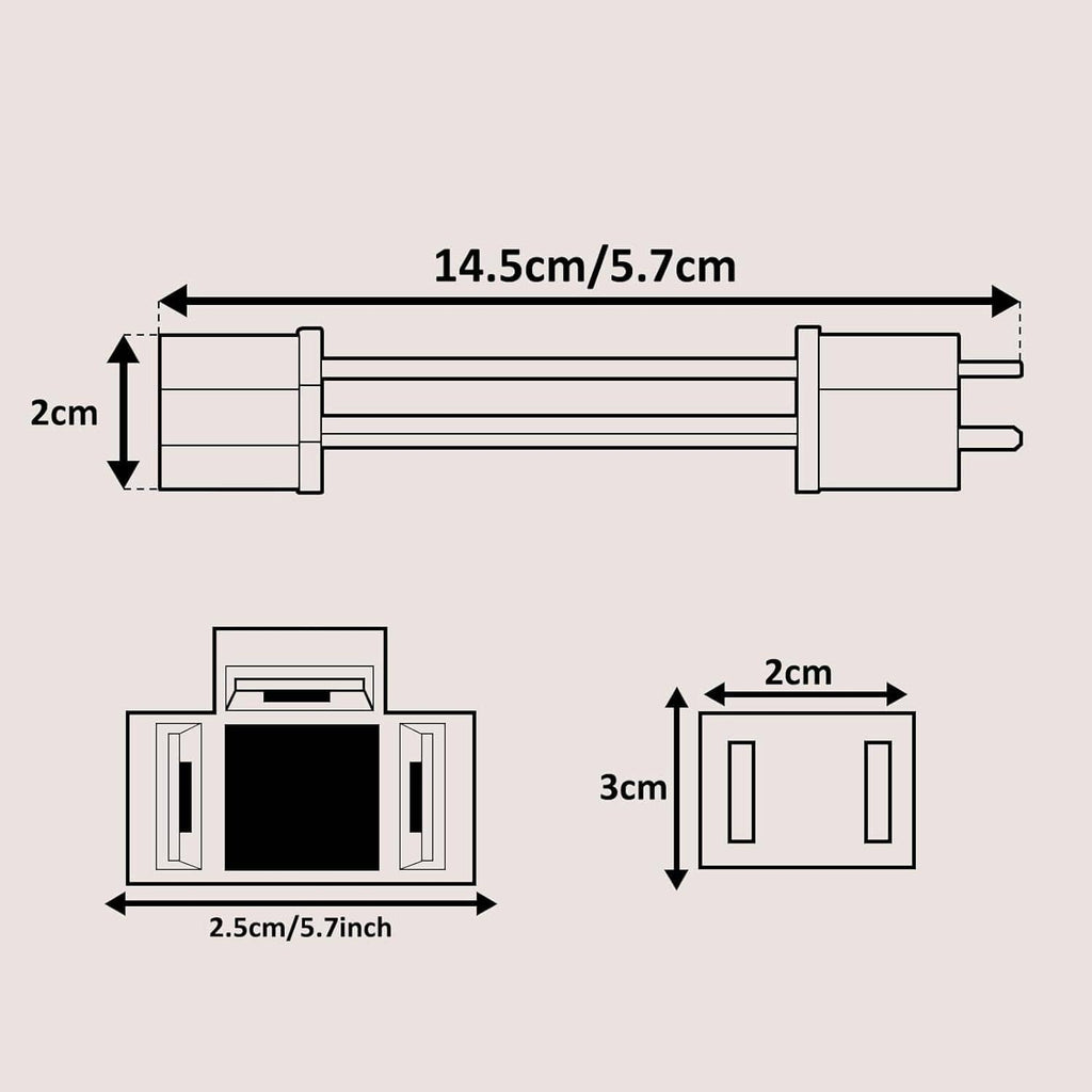 Headlight wiring adapter dimensions diagram, 3-prong to 2-pin socket size details