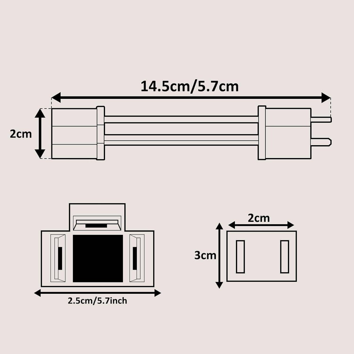 Headlight wiring adapter dimensions diagram, 3-prong to 2-pin socket size details