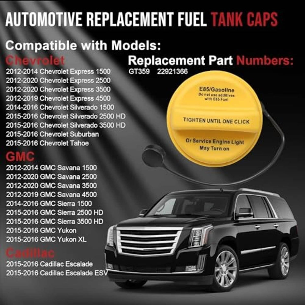 Yellow fuel tank gas cap with black tether cord, shown with compatibility graphic