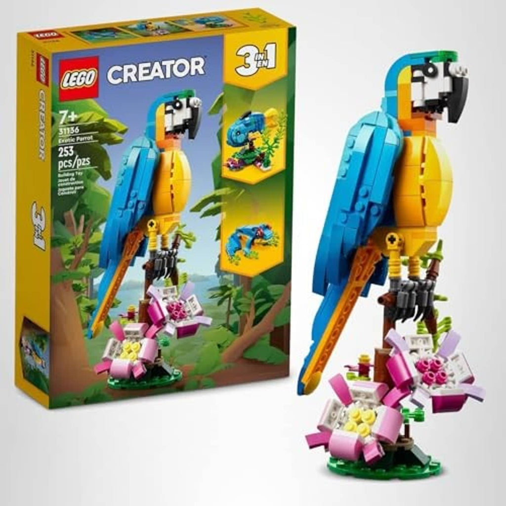 LEGO Creator parrot 3-in-1 building toy set box and assembled blue-and-yellow parrot model