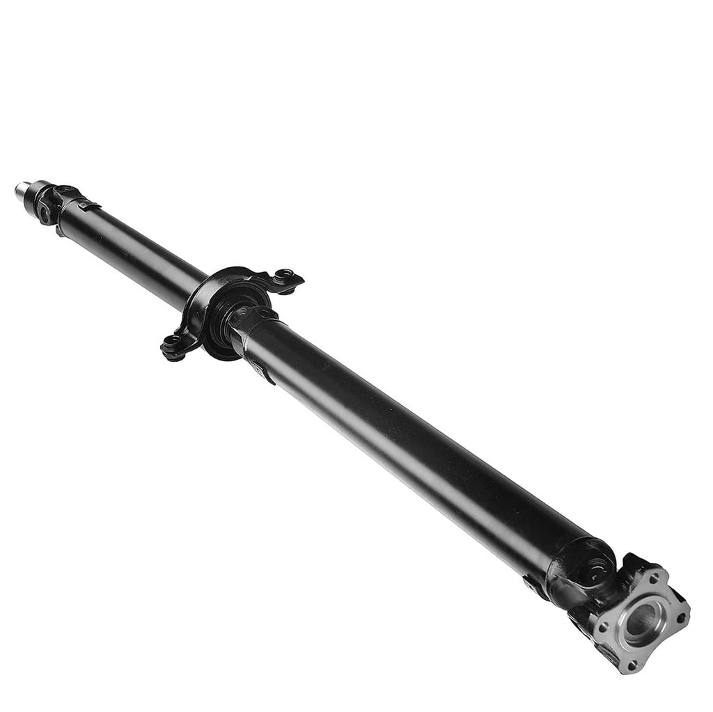 Rear prop shaft assembly angled view—black shaft with flange end