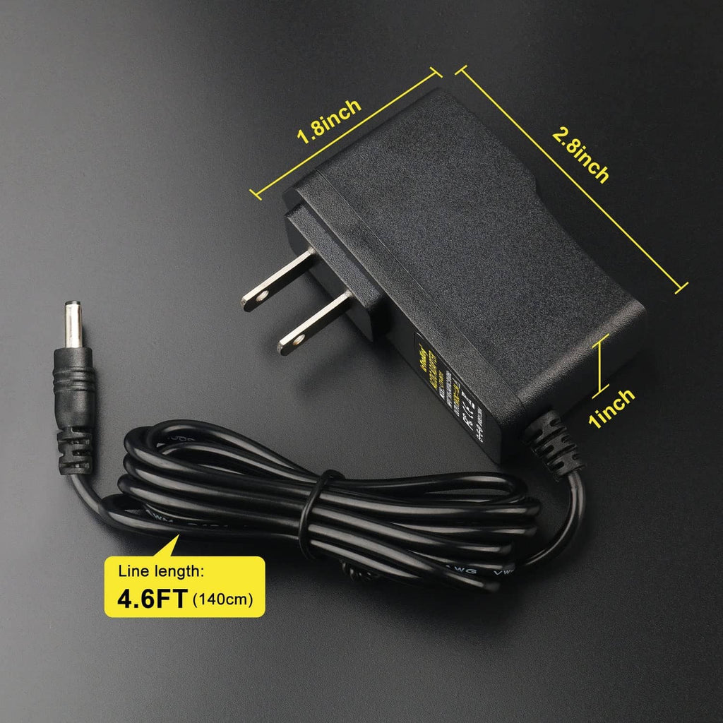 Black power adapter with two-prong plug, coiled cord, and length labeled 4.6FT (140cm)