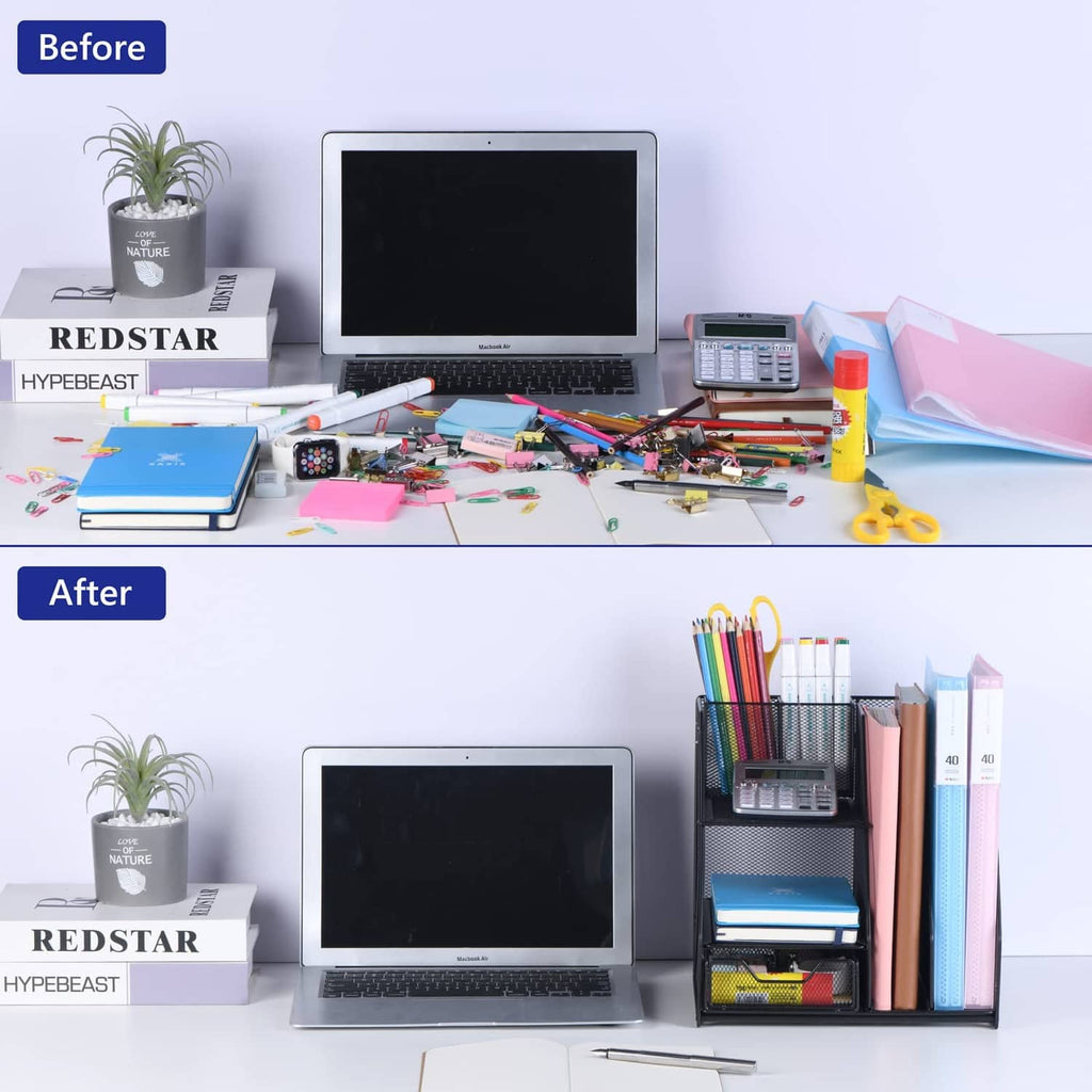 Black metal mesh desk organizer with two tiers holding files and notebooks