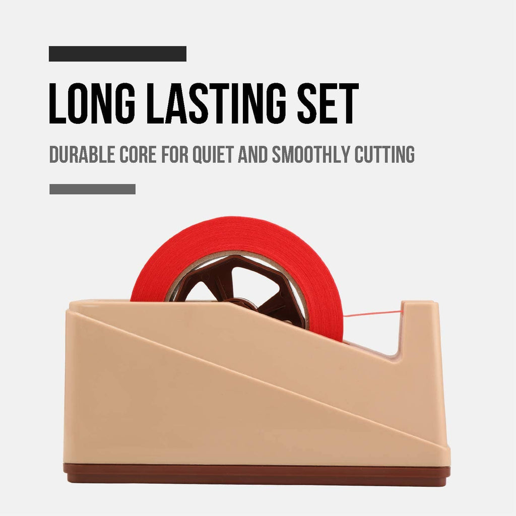 Beige desktop tape dispenser holding a red tape roll