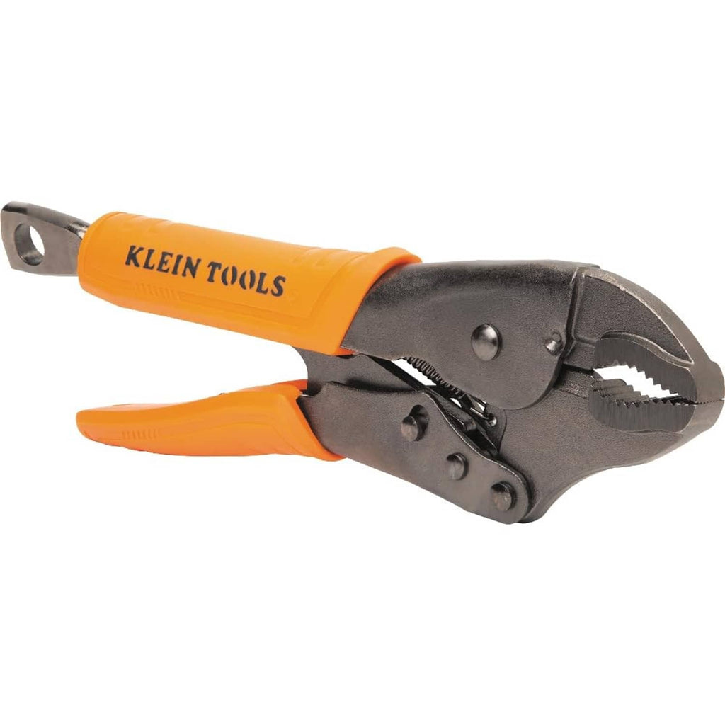 Orange-and-black locking pliers with curved handles and serrated jaw teeth
