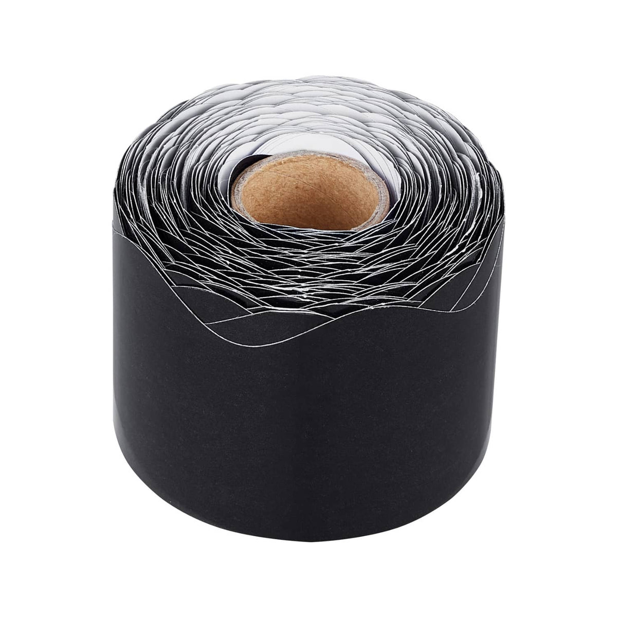 Black rolled scalloped border trim with inner cardboard core visible in the coil