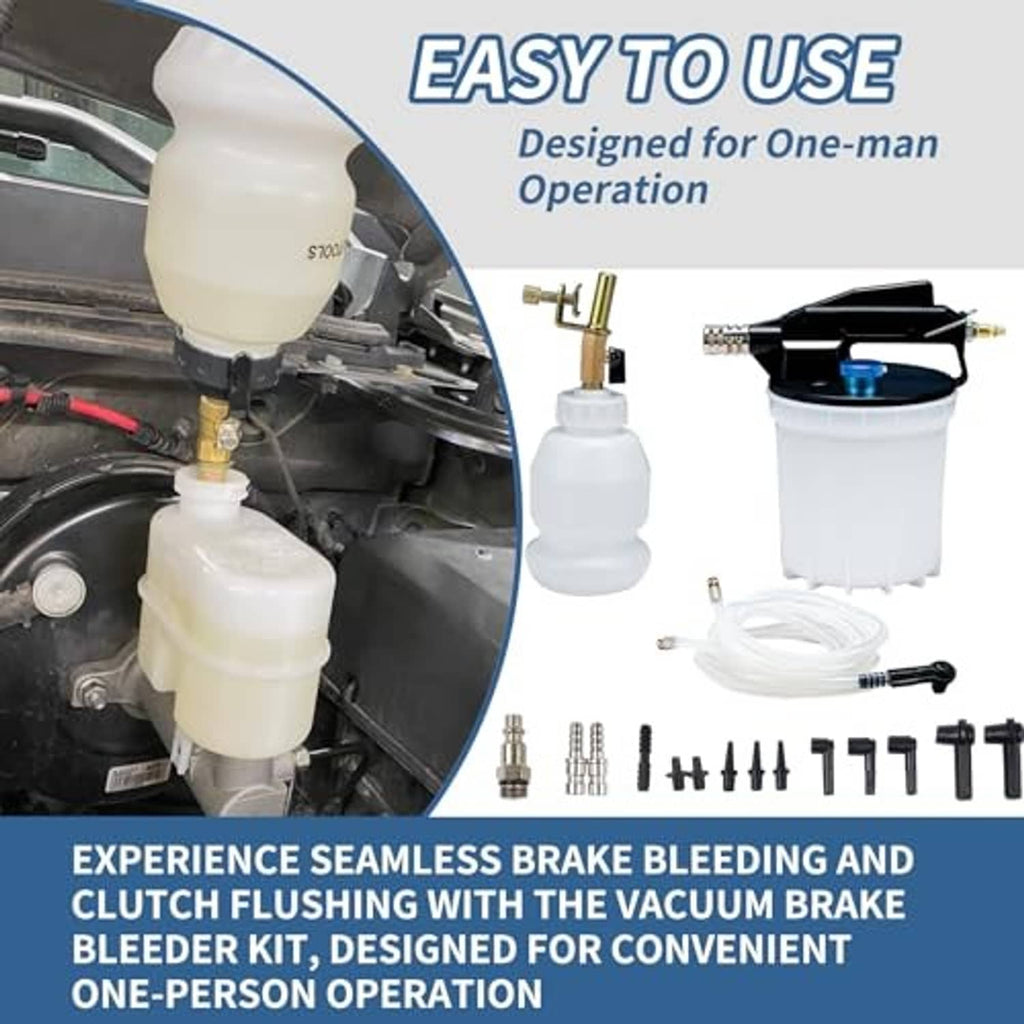 Vacuum brake bleeder kit with refill bottle and hose connected for one-person bleeding