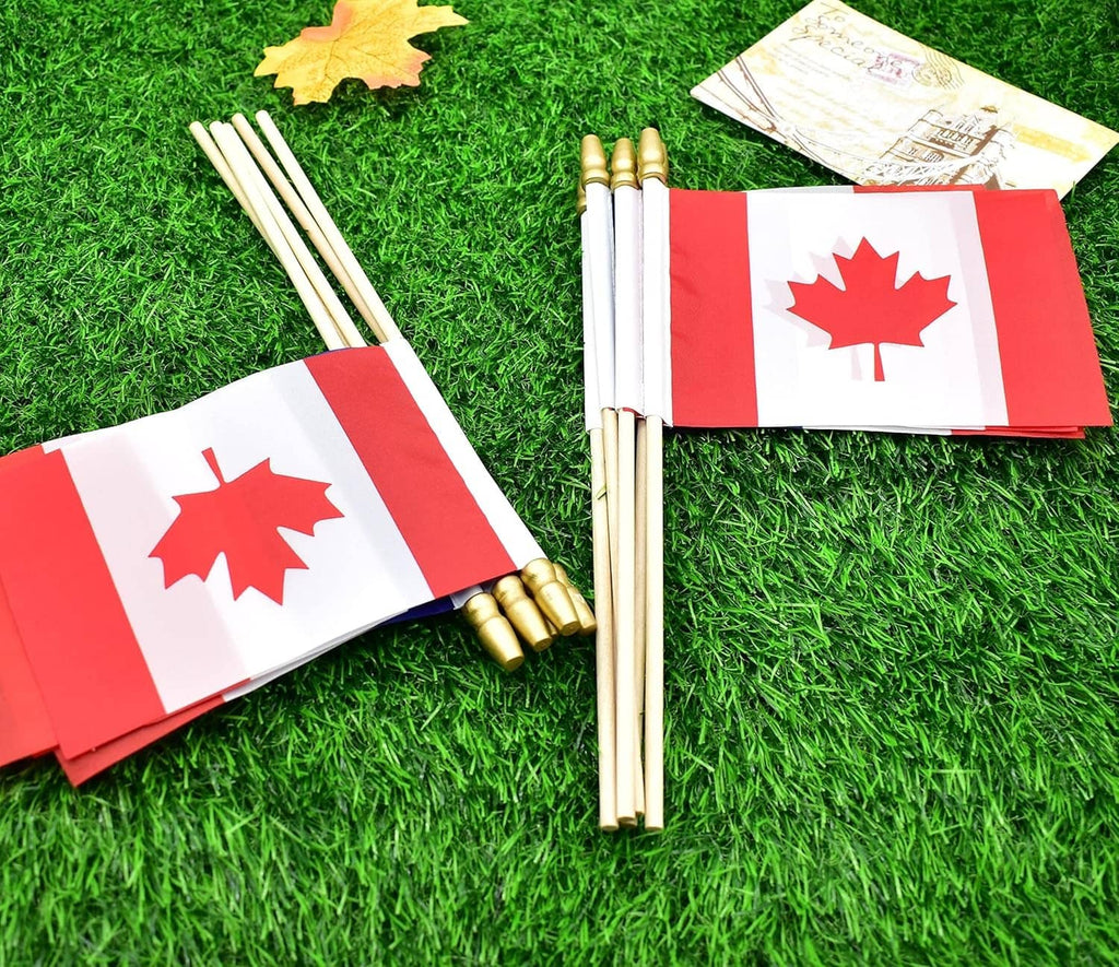 Canada mini handheld stick flags on grass, red-and-white maple leaf design