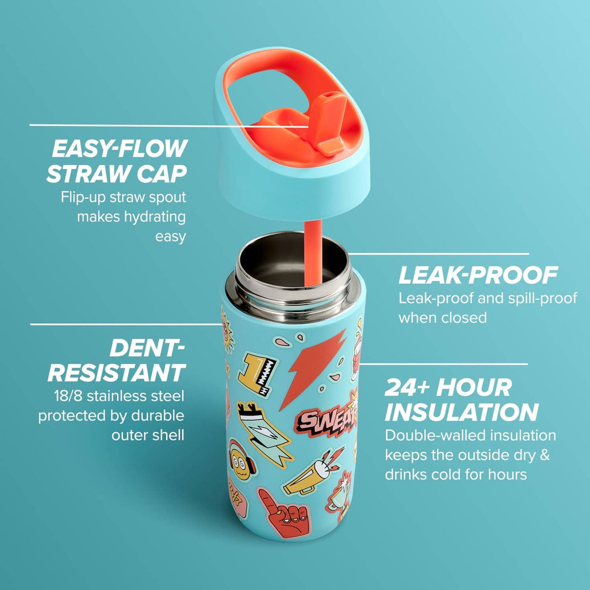 Teal 12oz metal water bottle with orange flip straw cap and stainless steel interior