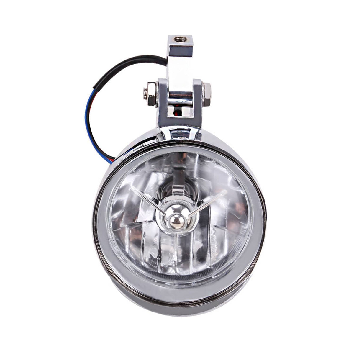 Bullet headlight lens close-up with chrome reflector and bracket, black wire harness