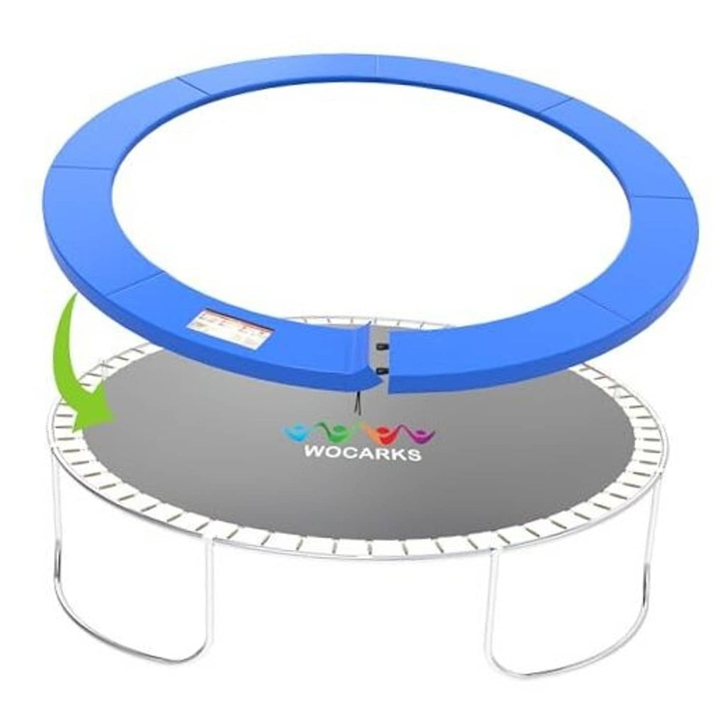 Blue trampoline replacement pad with gray center and black hook straps for 14ft trampoline