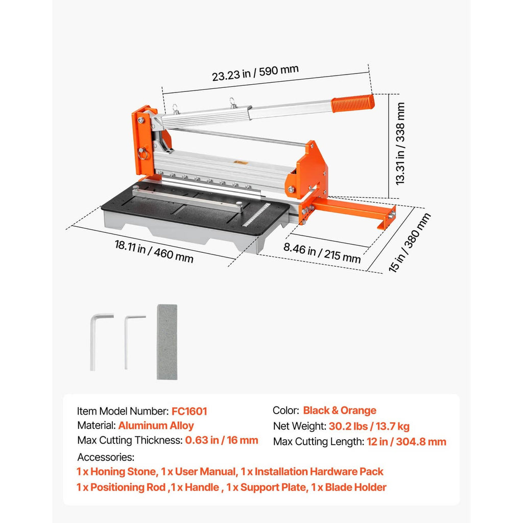 Vinyl flooring cutter dimensions with black and orange frame and included accessories
