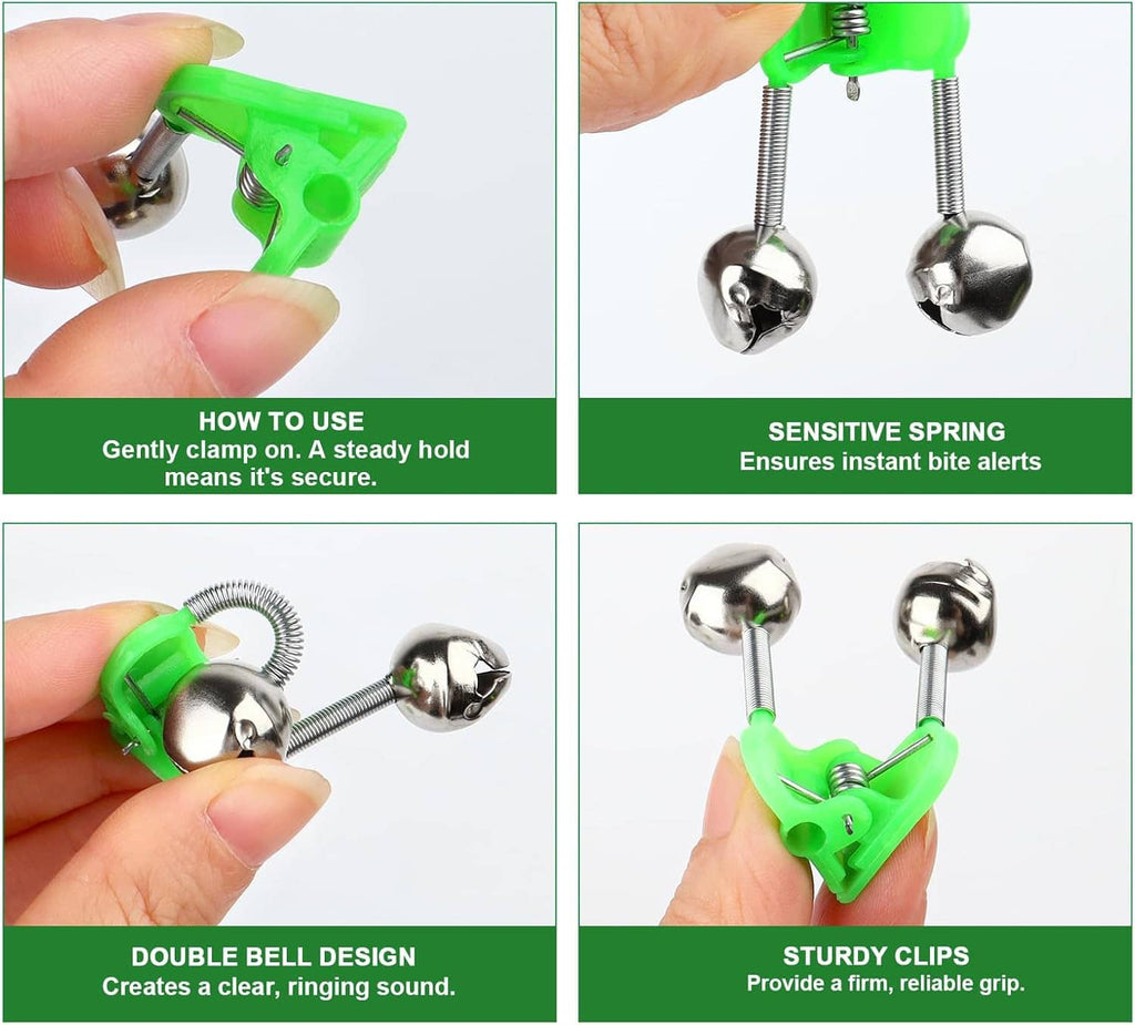 Green and chrome bite alarm bells shown clamped to a fishing line rod