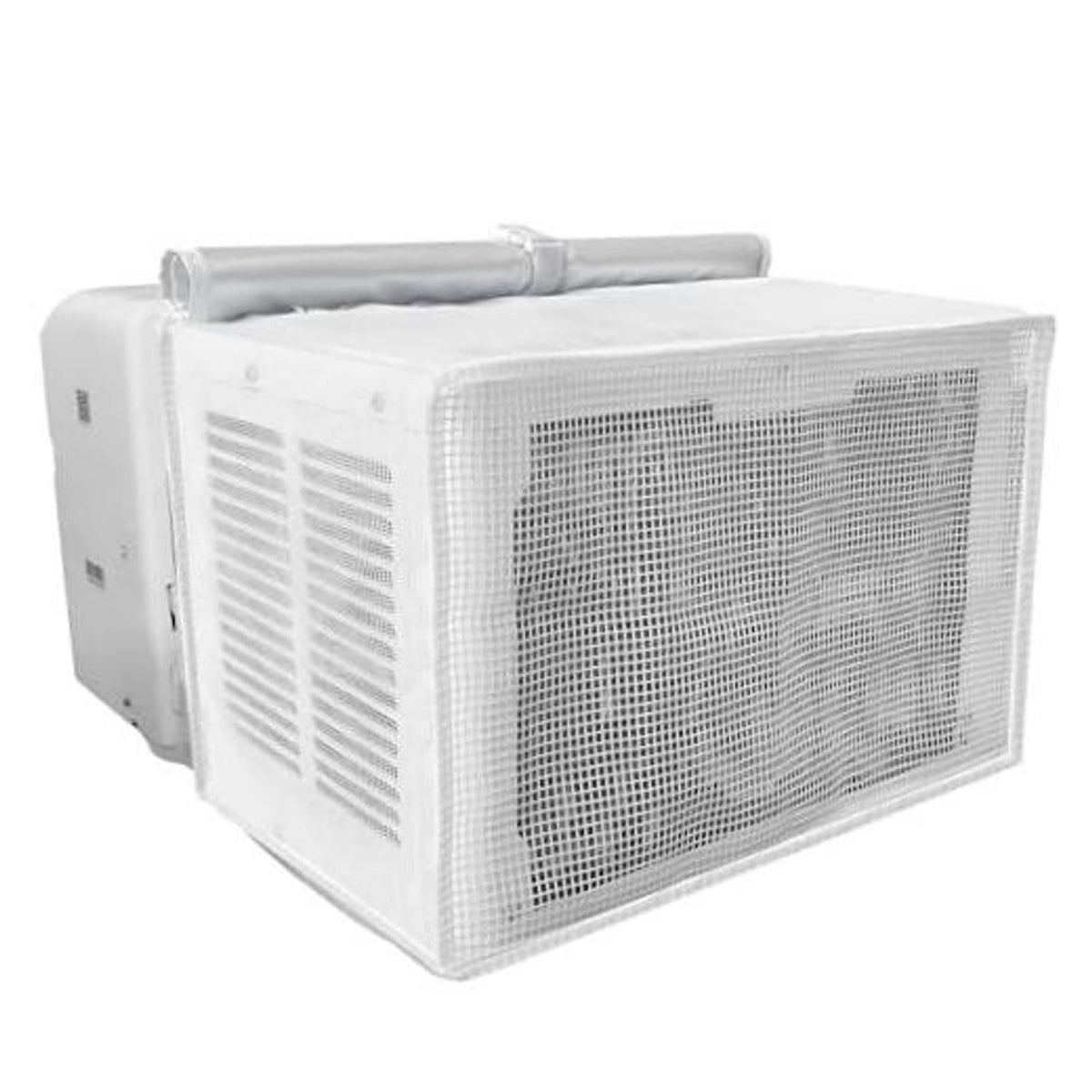 White PVC mesh U-shaped window AC cover with ventilated front grid and side vents.
