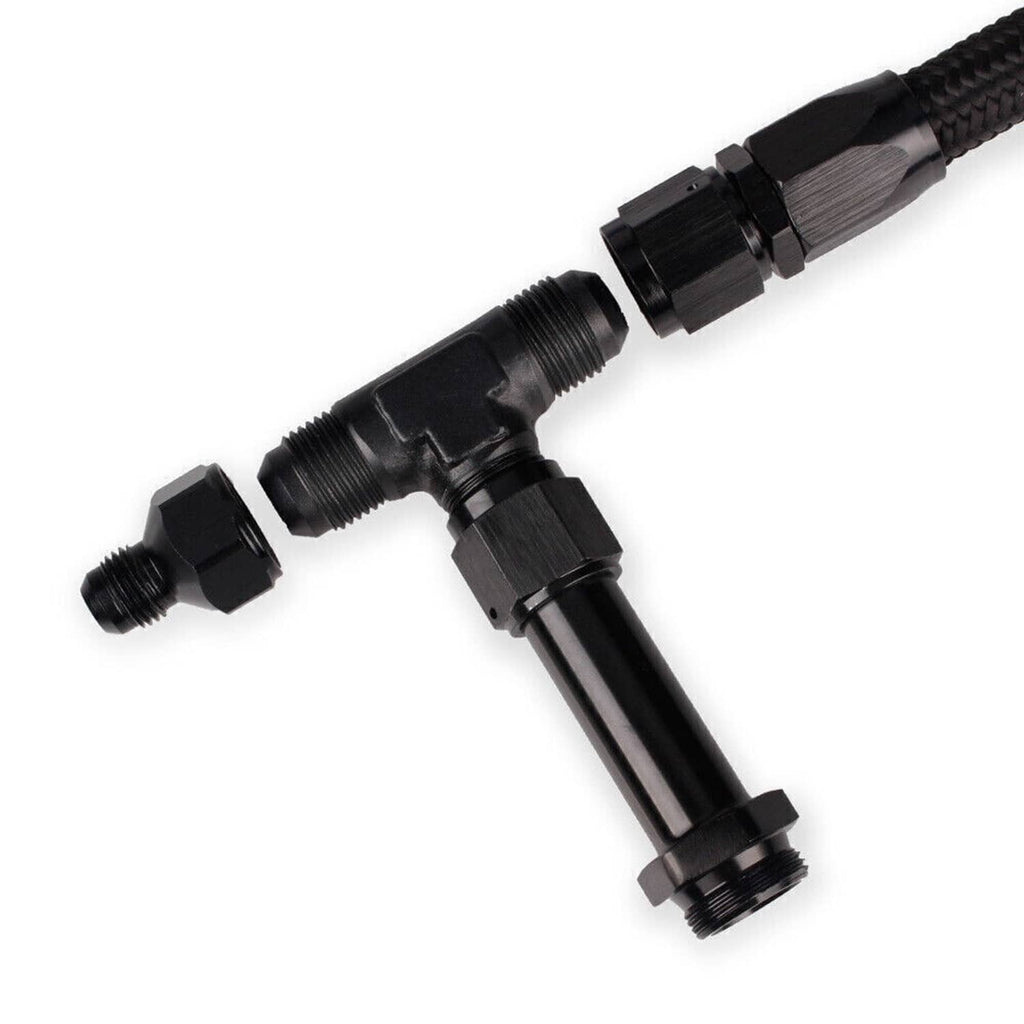 Braided fuel line kit close-up of black T-fitting with threaded ends