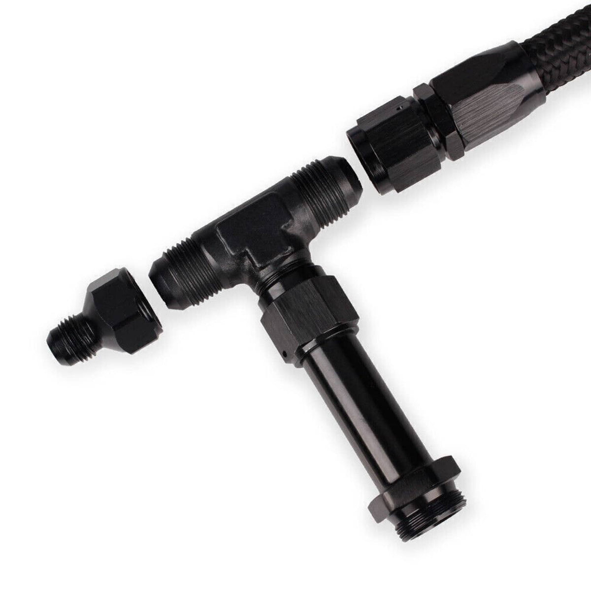 Braided fuel line kit close-up of black T-fitting with threaded ends