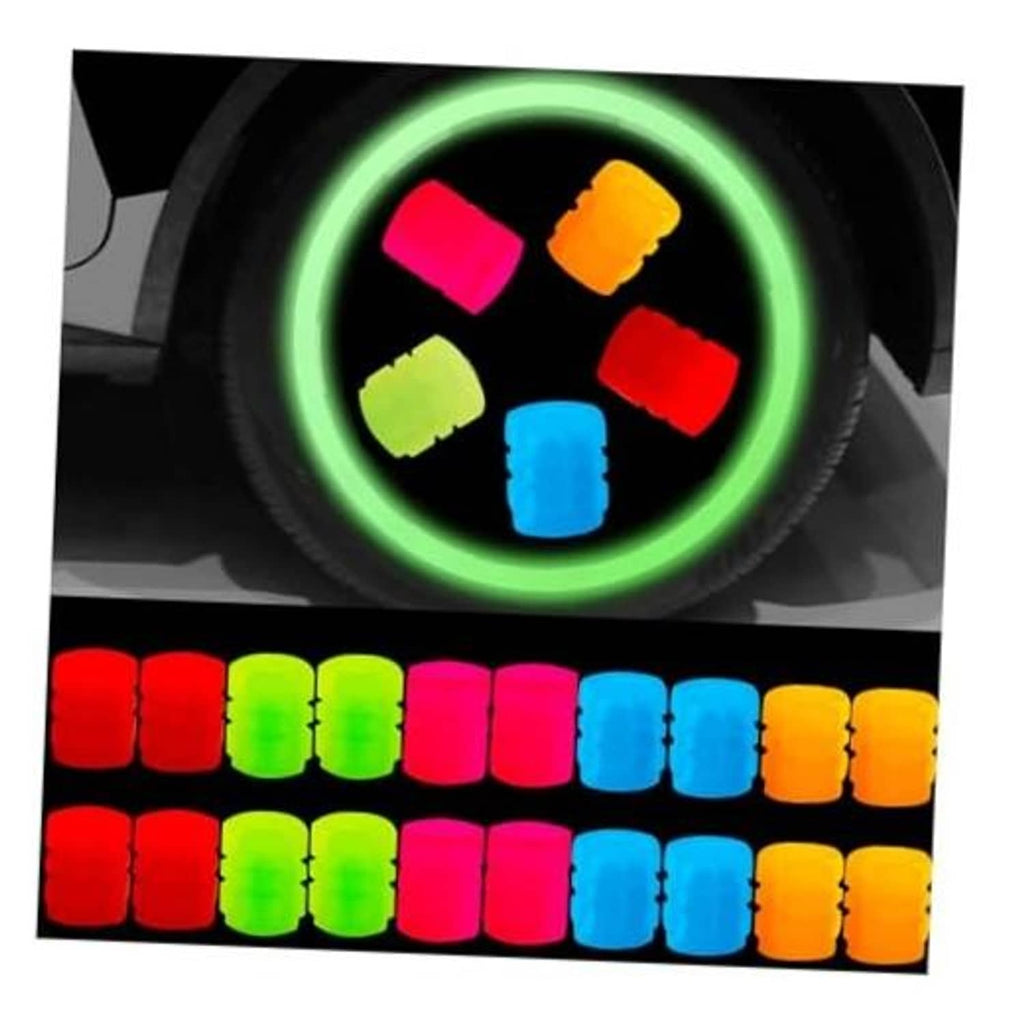 Glow-effect tire valve caps with neon green ring and multicolor cap display