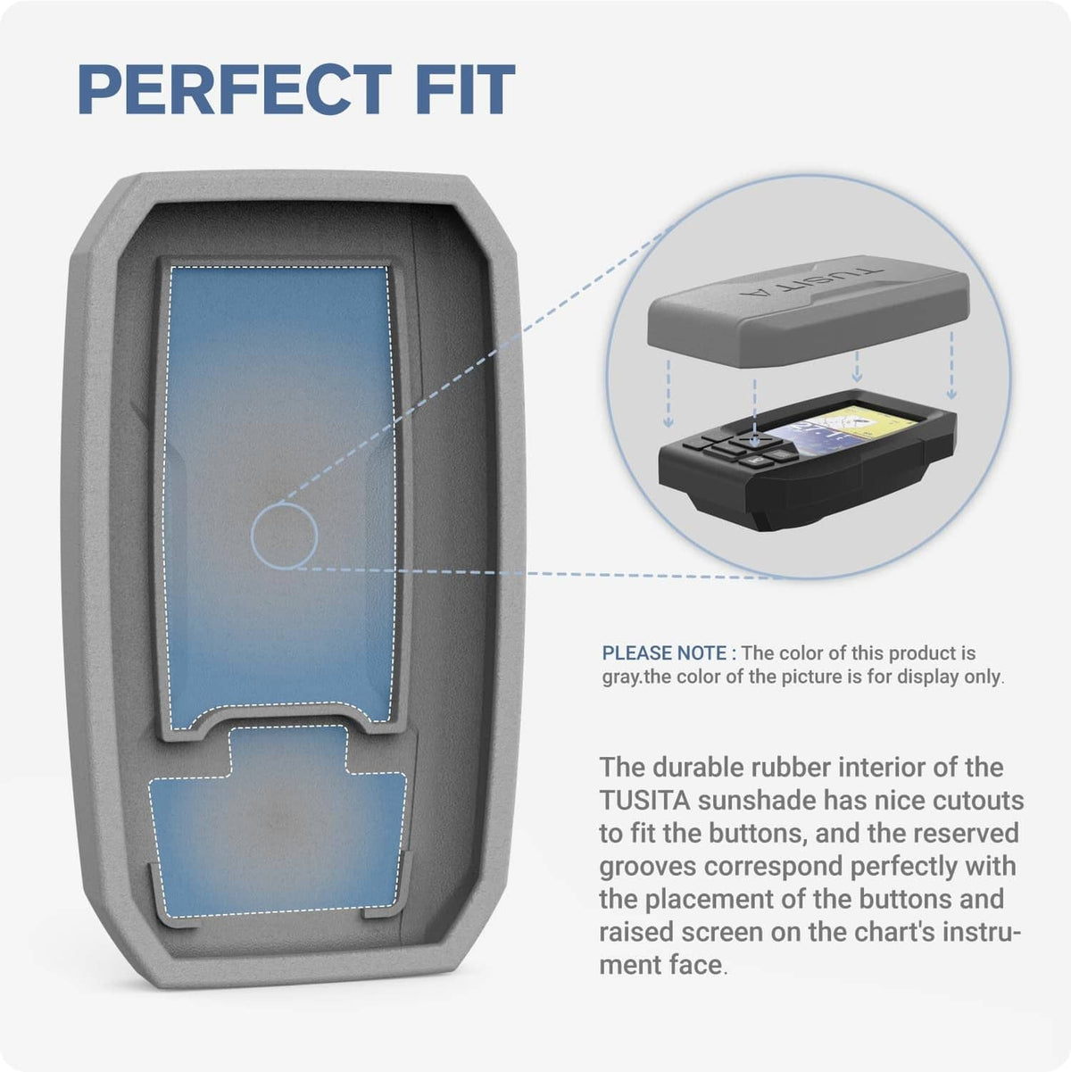 Gray protective cover with inner screen opening and cutouts for buttons on the front