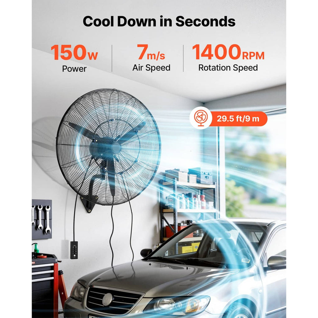 Wall fan with circular wire grille and mounting bracket, shown in a room setting.
