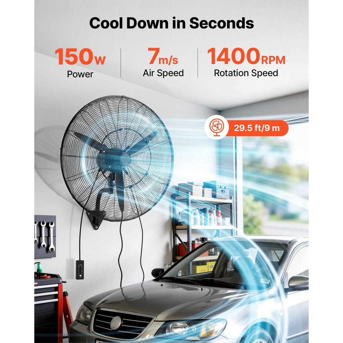 Wall fan with circular wire grille and mounting bracket, shown in a room setting.
