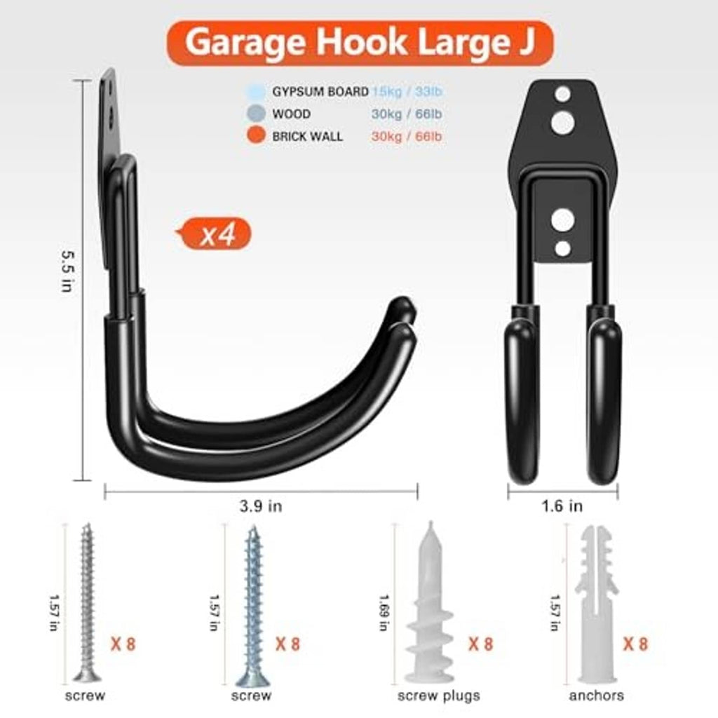 Large black J-hook with two mounting arms and included screws and anchors