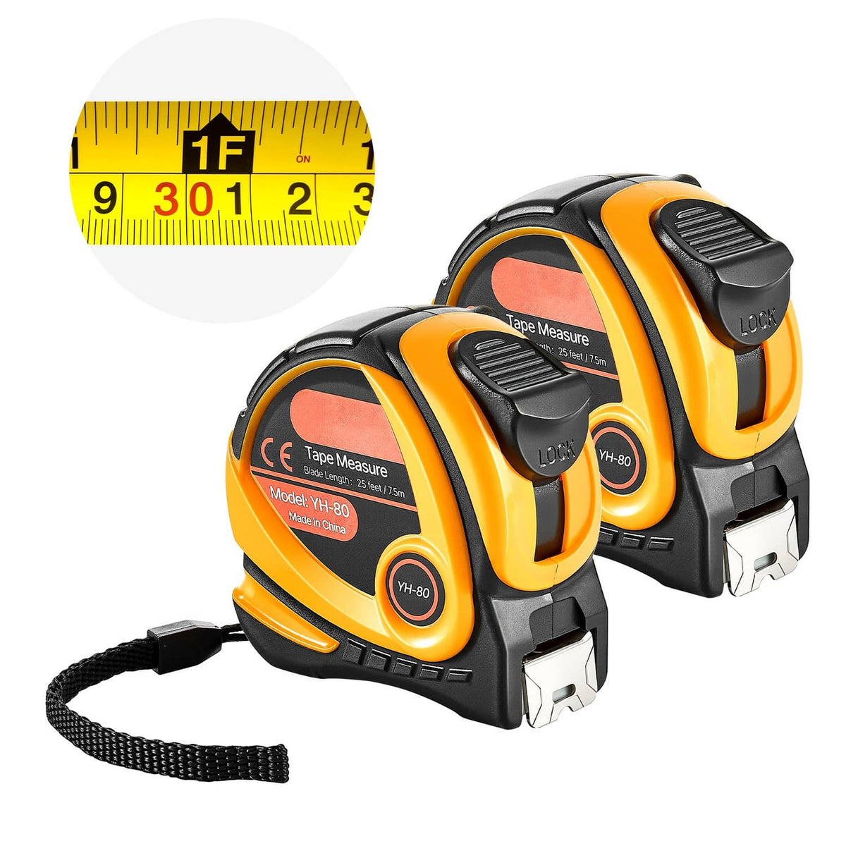 Retractable tape measure close-up with yellow tape scale and black reel body.