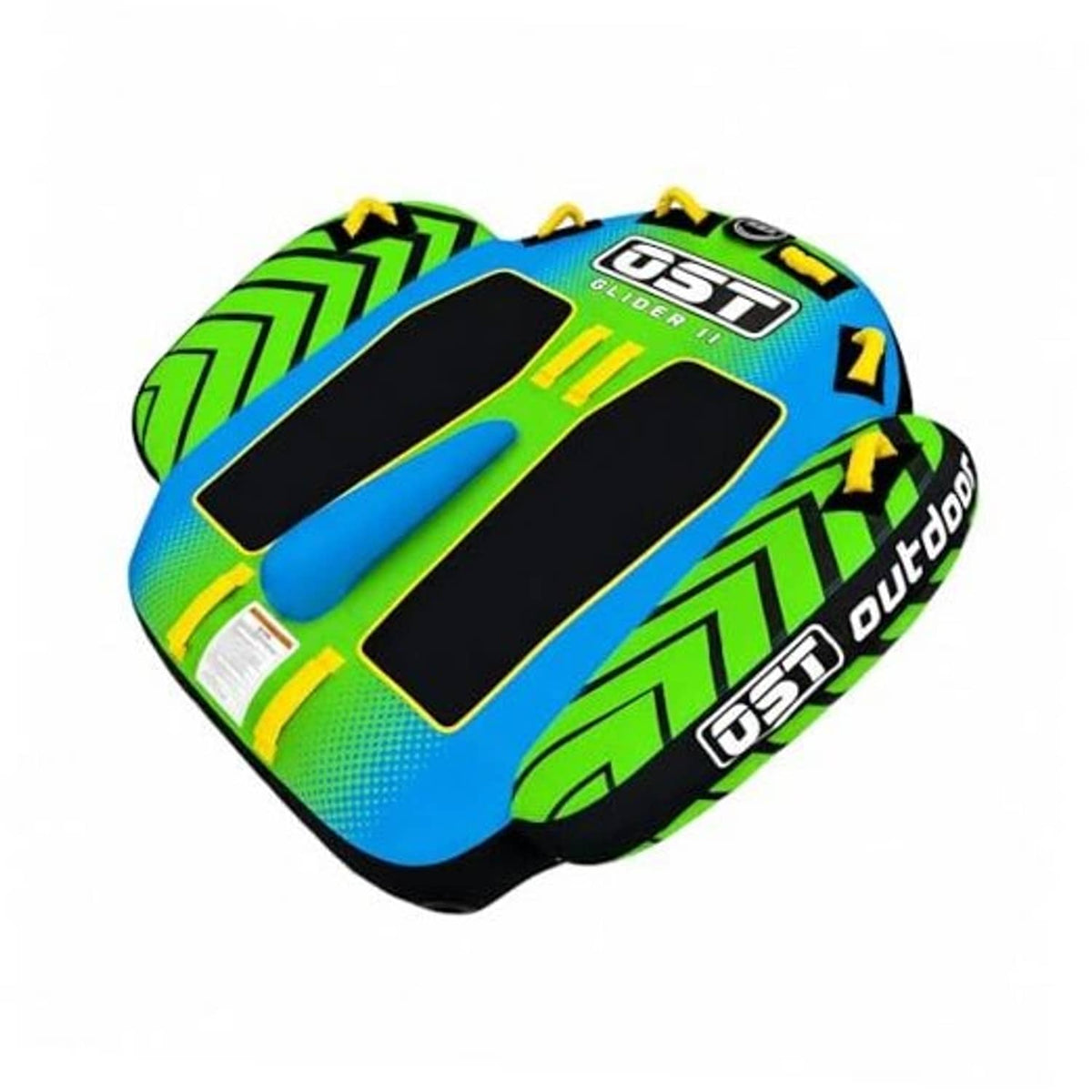 Two-person towable boat tube with green and blue graphic design and wing fins