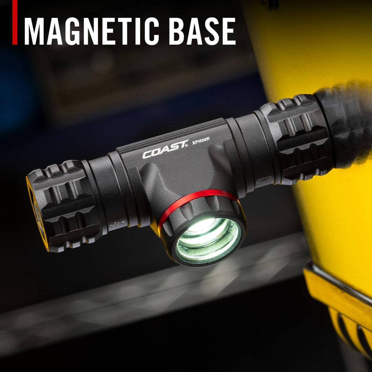 Black headlamp with magnetic base attached, LED lens emitting light