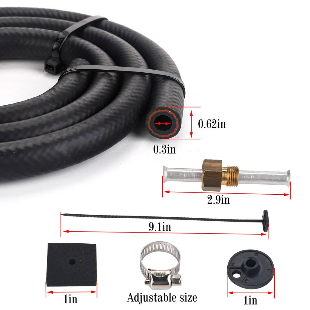 Black rubber hose assembly with brass fitting, adapters, and mounting parts